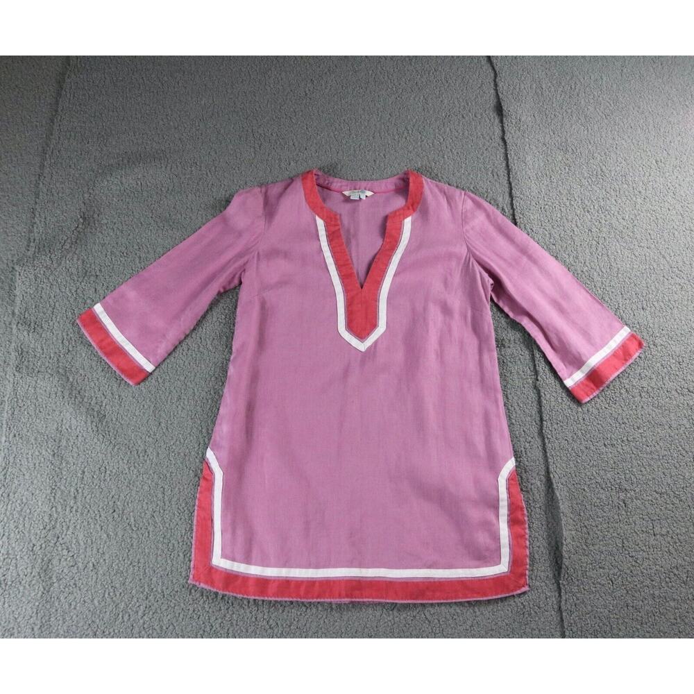 Boden Tunic Top 6p Pink White Orange V Neck Linen Pullover 3/4 Sleeve